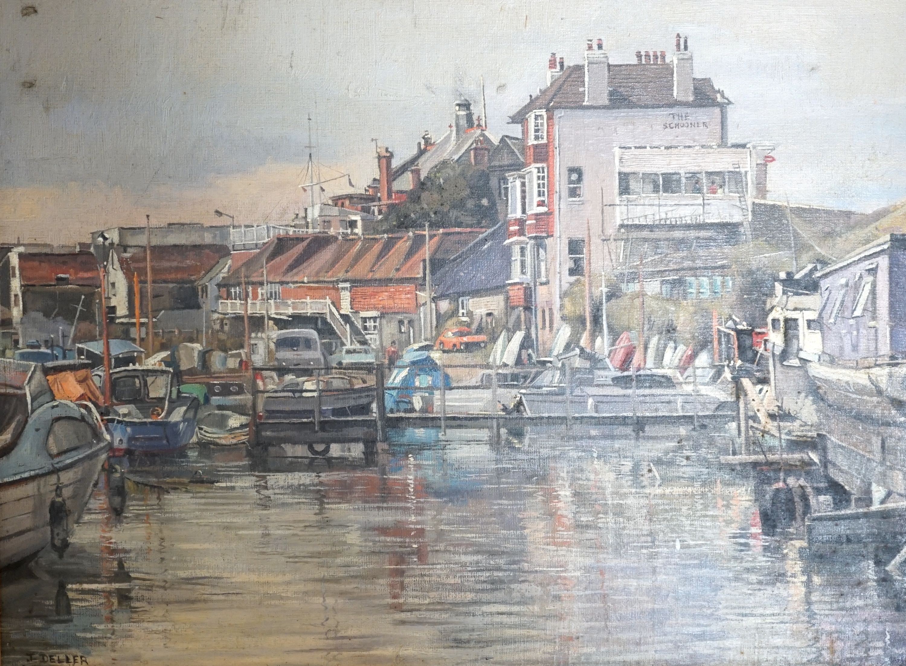 John Dellar, oil on board, The Schooner Inn, Hove Lagoon, signed, 30 x 40cm